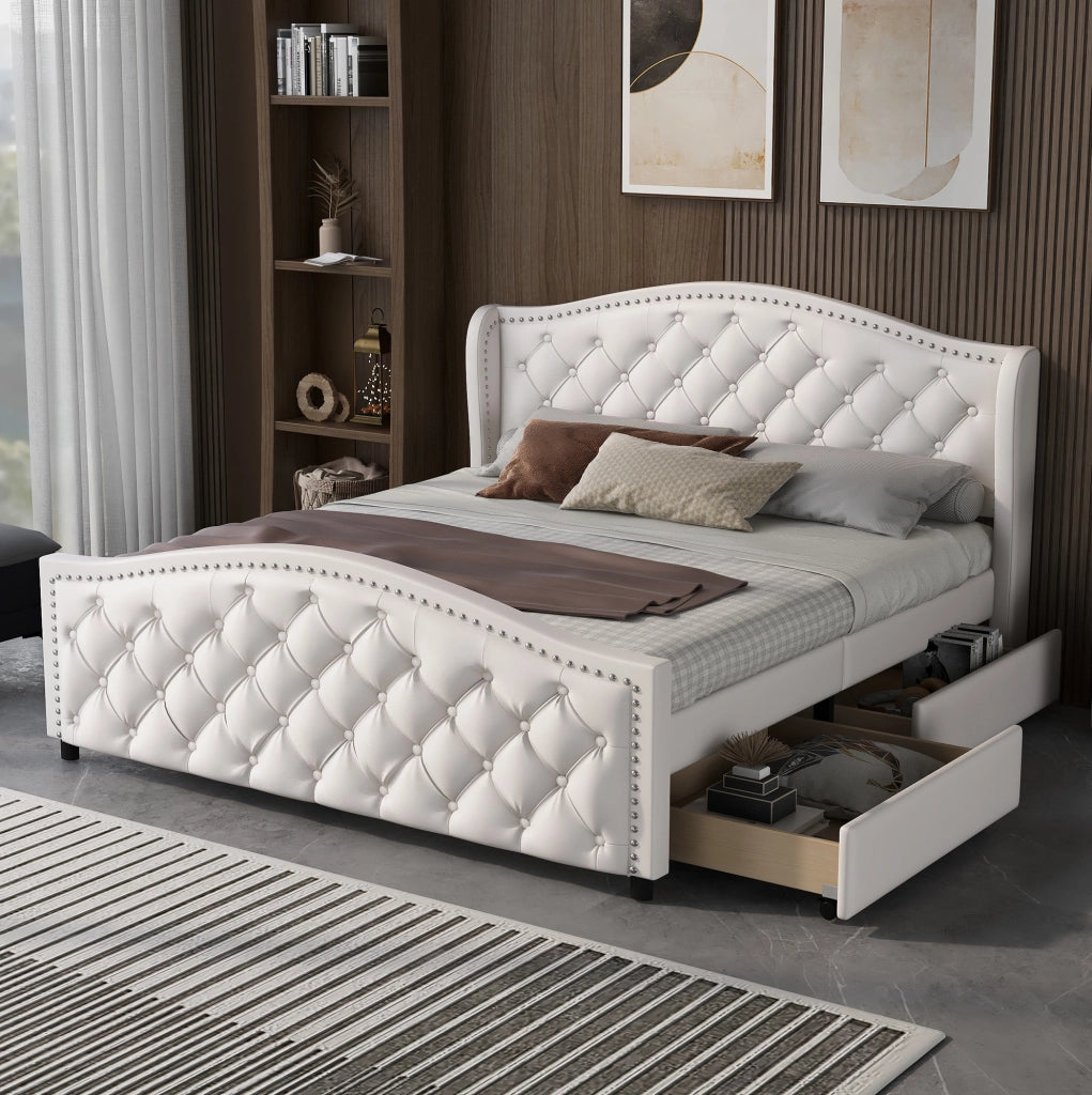 Letto matrimoniale imbottito 160x200 cm con rete a doghe e 2 cassetti; PU bianco