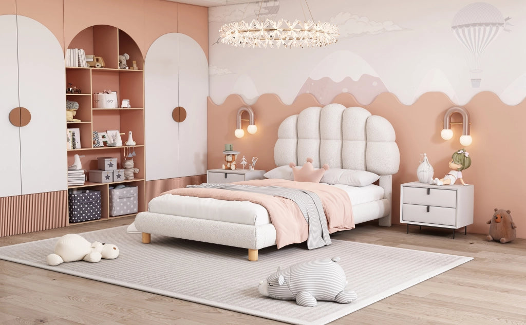DESMIU Letto singolo 1 posto con testiera regolabile, senza materasso, superficie 90 × 200 cm, bouclé bianco