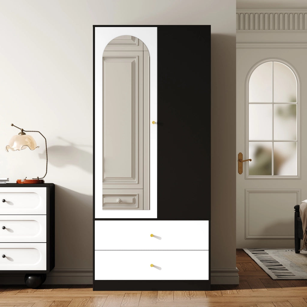 Armadio moderno con specchio, 1 anta, 2 cassetti e 4 ripiani, 80x40x180 cm, Bianco/Nero