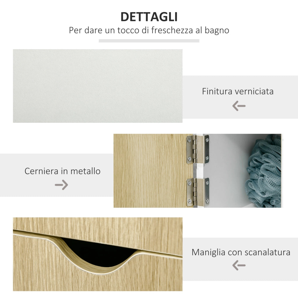 Colonna Bagno con 2 Ripiani e 2 Armadietti, Mobile Alto Salvaspazio 15.2x29.8x118 cm, Bianco e color Legno