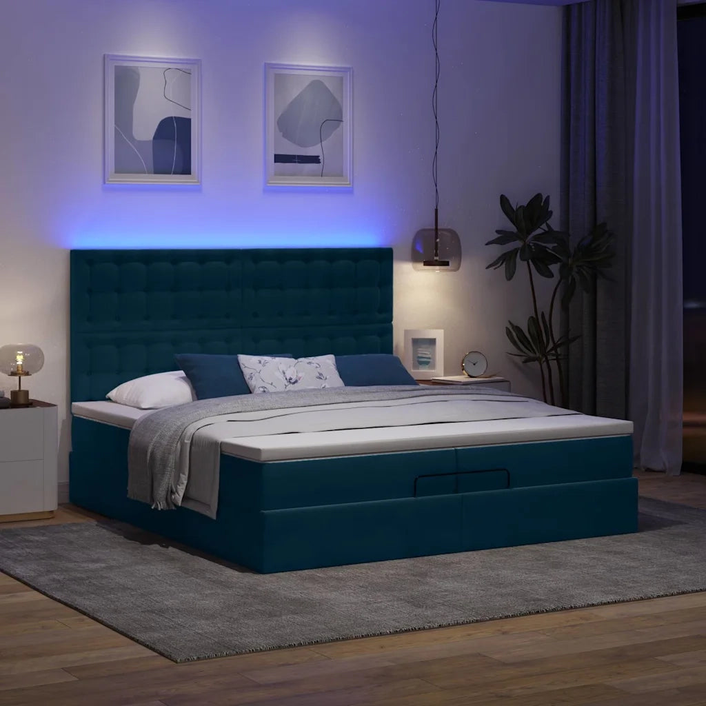 Pouf Letto con Materassi e LED Blu Scuro 200x200cm Velluto