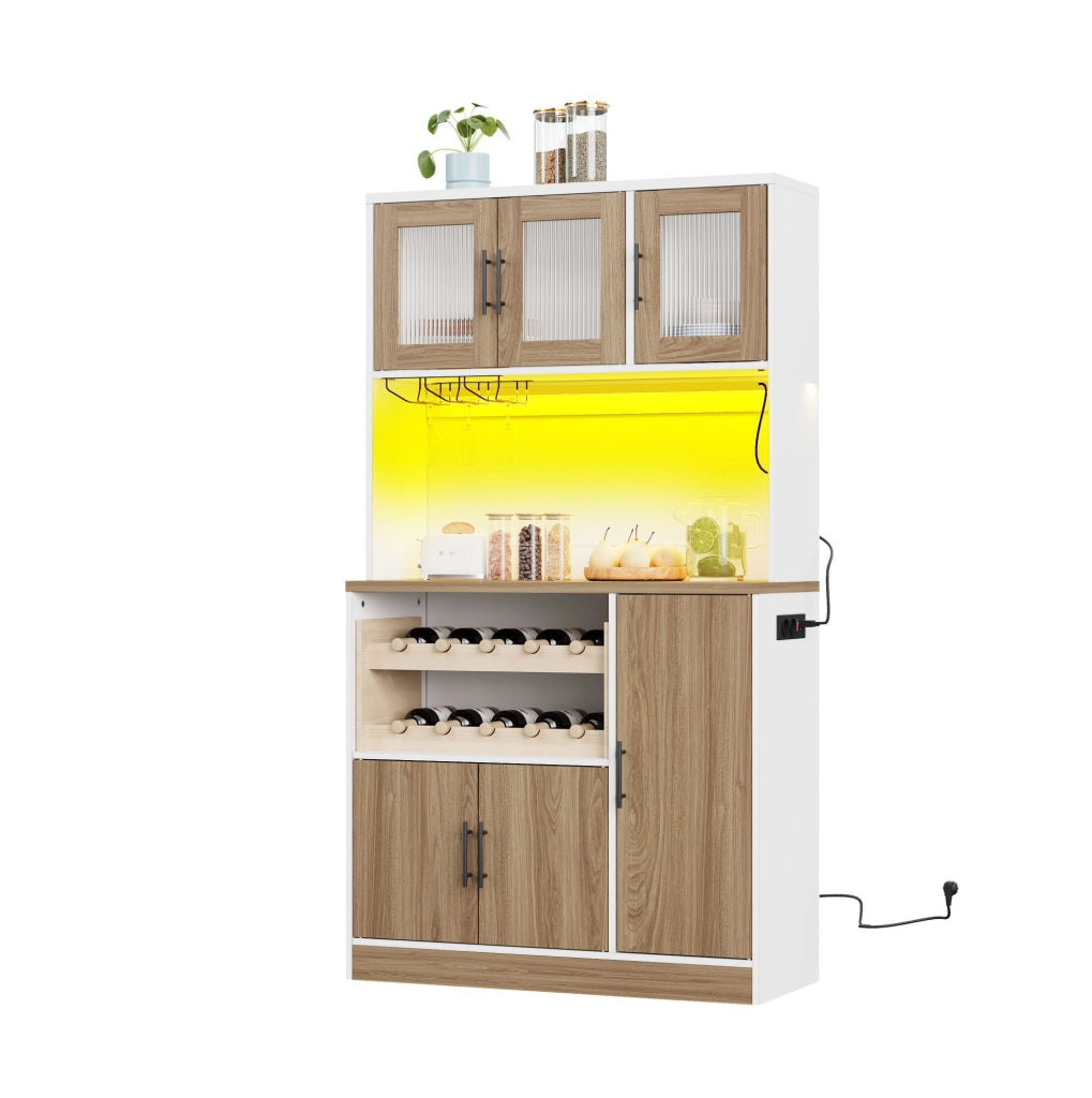 Mobile dispensa 100x40x180 cm con luce RGB; prese integrate e ripiani regolabili in MDF bianco e naturale