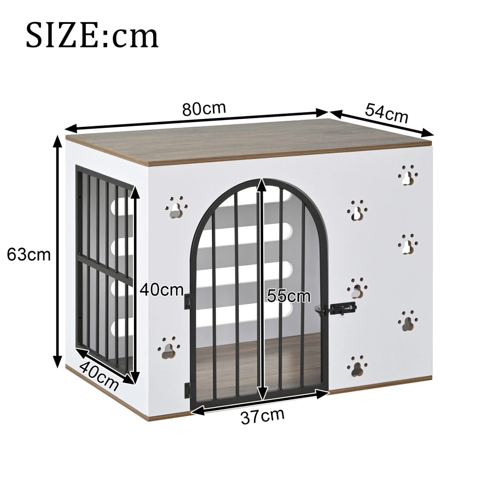 Cuccia per cani 2 in 1 con tavolino laterale; 2 ciotole in acciaio; bianco e rovere chiaro