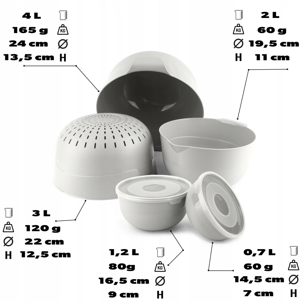 Set di ciotole da cucina KADAX in plastica con coperchi, scolapasta e filtro, 7 pezzi