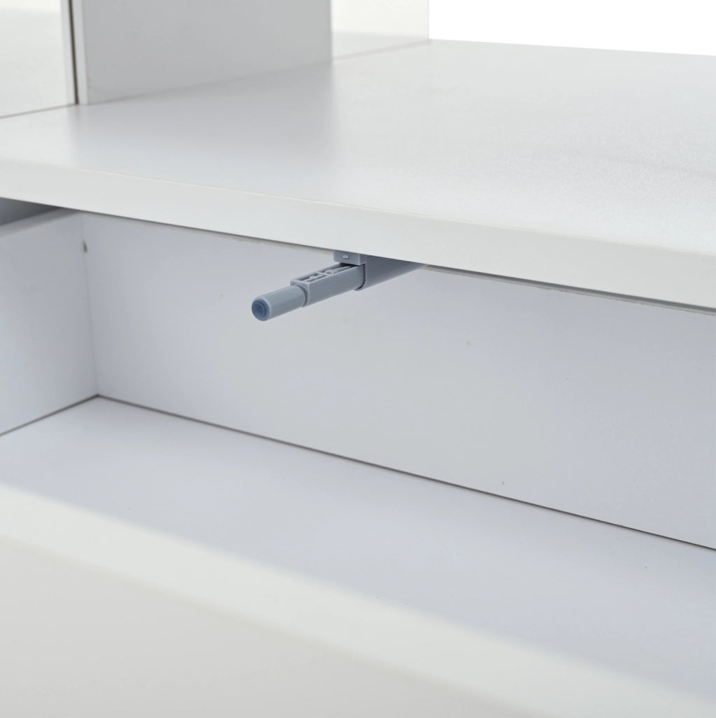 Tavolino da salotto sollevabile 100 x 50 x 46 cm bianco in MDF con LED e 2 cassetti