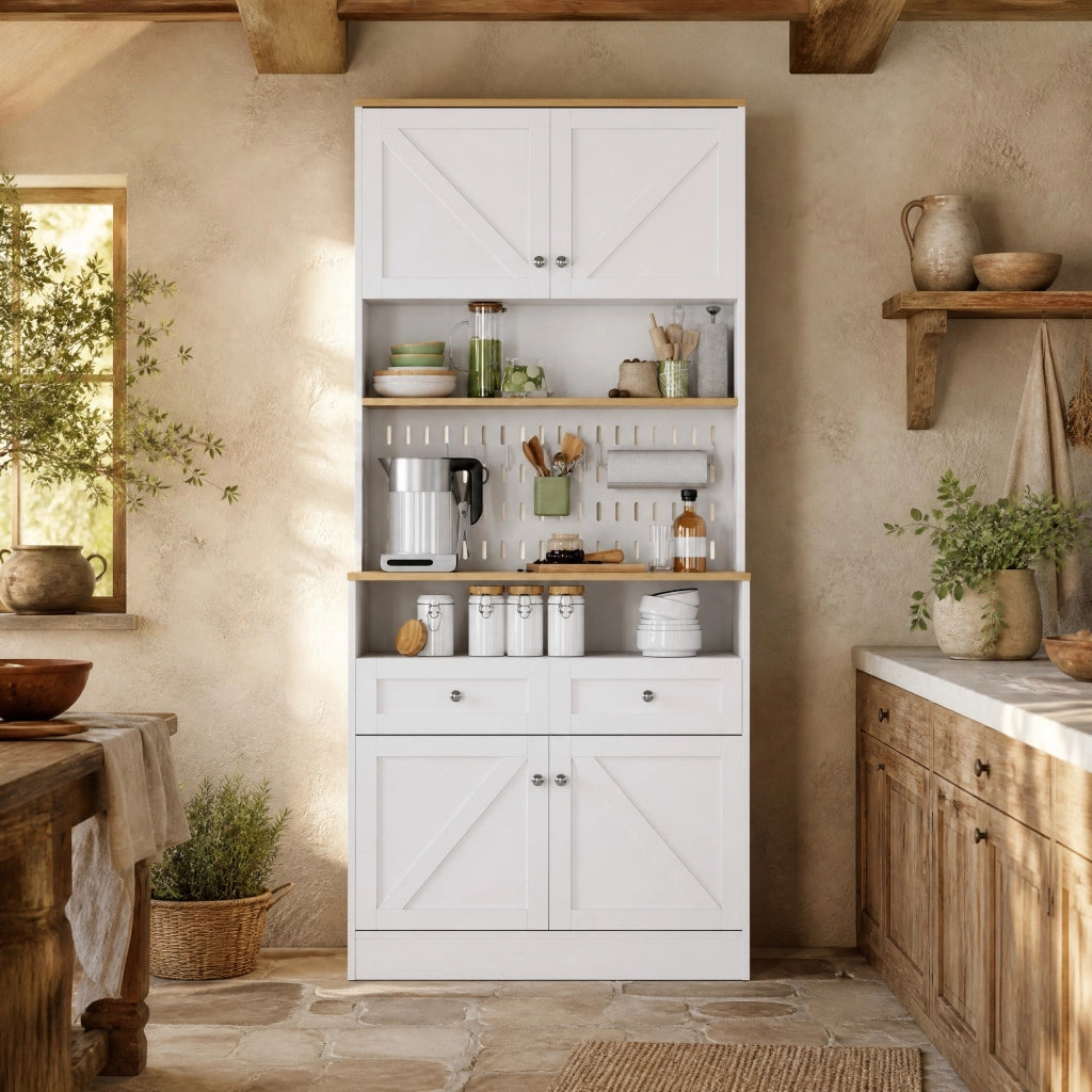 Credenza con ante a granaio e pannello forato, 2 cassetti e ripiani, cucina e sala da pranzo bianco e legno 80 × 40 × 175 cm
