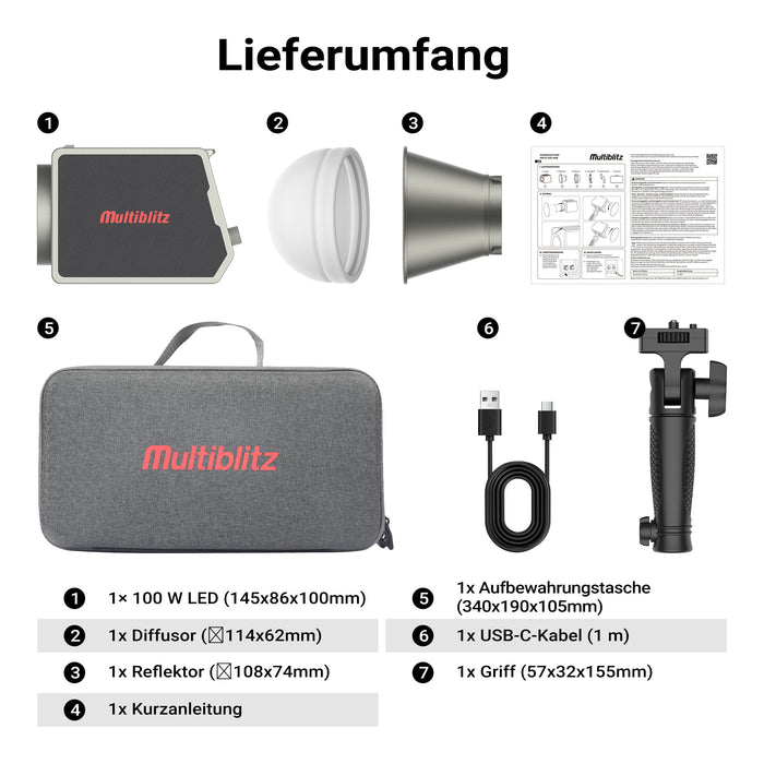 Multiblitz MB-PL Luce led portatile per fotografia 100W, Bicolore con temperatura da 2700K a 6500K, Batteria ricaricabile USB