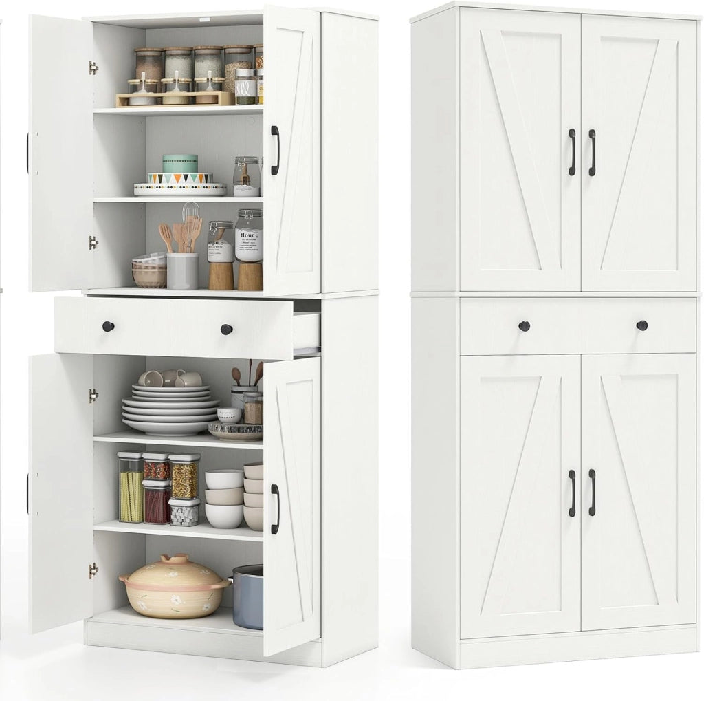 Credenza Alta da Cucina in Legno, 2 Armadi con Ante e 1 Cassetto, Mobile Buffet con 3 Ripiani Regolabili, Mobiletto Multiuso per Soggiorno, Sala da Pranzo, 77x39x183cm(In 2 Pacchi) (Nero)