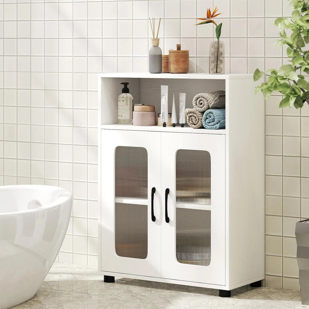 Armadietto da bagno con scomparto aperto, 2 ante e ripiano regolabile, armadio da pavimento per cucina e soggiorno, 60 x 30 x 83 cm (bianco)