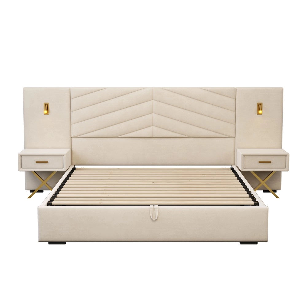 Letto Imbottito Contenitore con LED ¨C MINIMAL ¨C Velluto, 266x205x117 cm