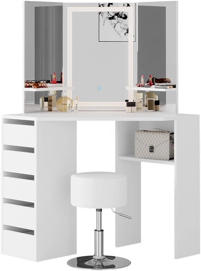 Vicco Tavolo da trucco ad angolo Arielle, Bianco, 110 cm con specchio e sgabello a LED, Fa risparmiare spazio e sfrutta in modo ottimale gli angoli della stanza