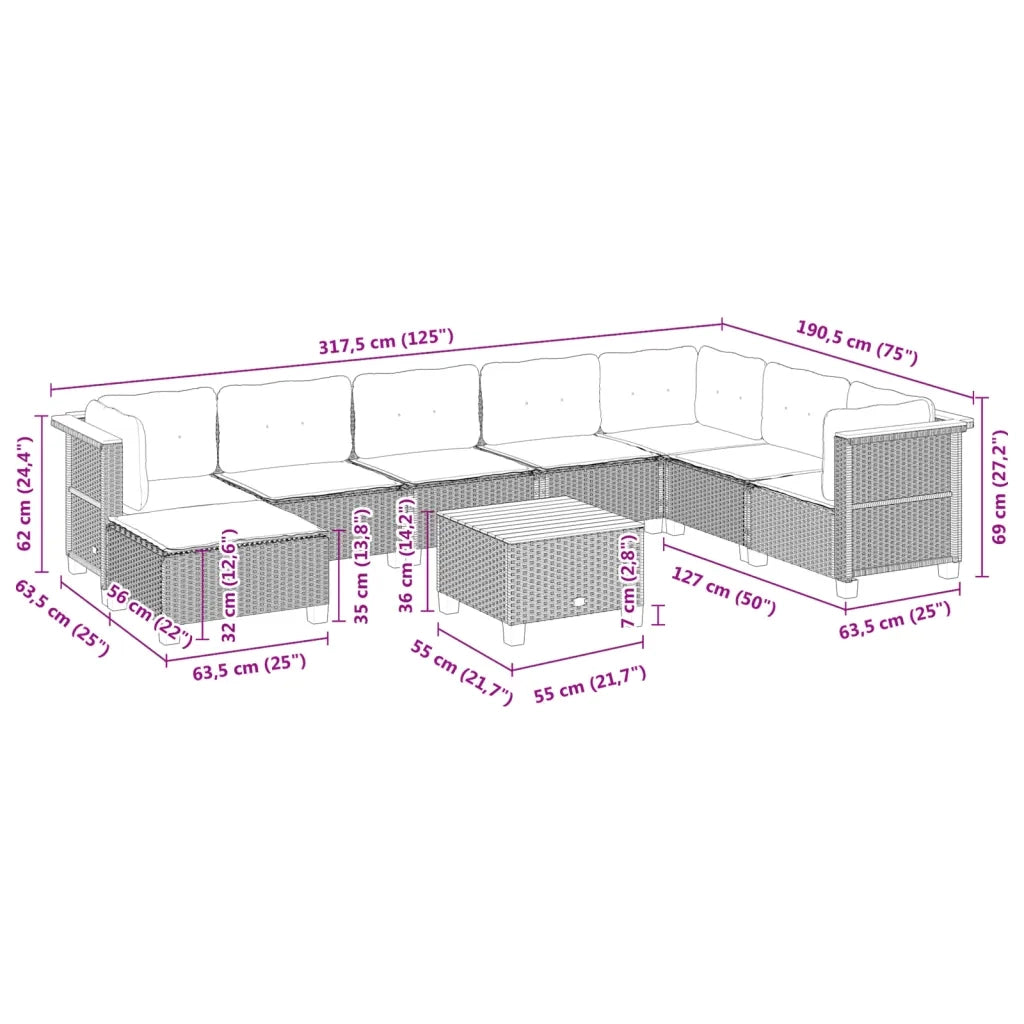 Set Divani da Giardino 9 pz con Cuscini Nero in Polyrattan