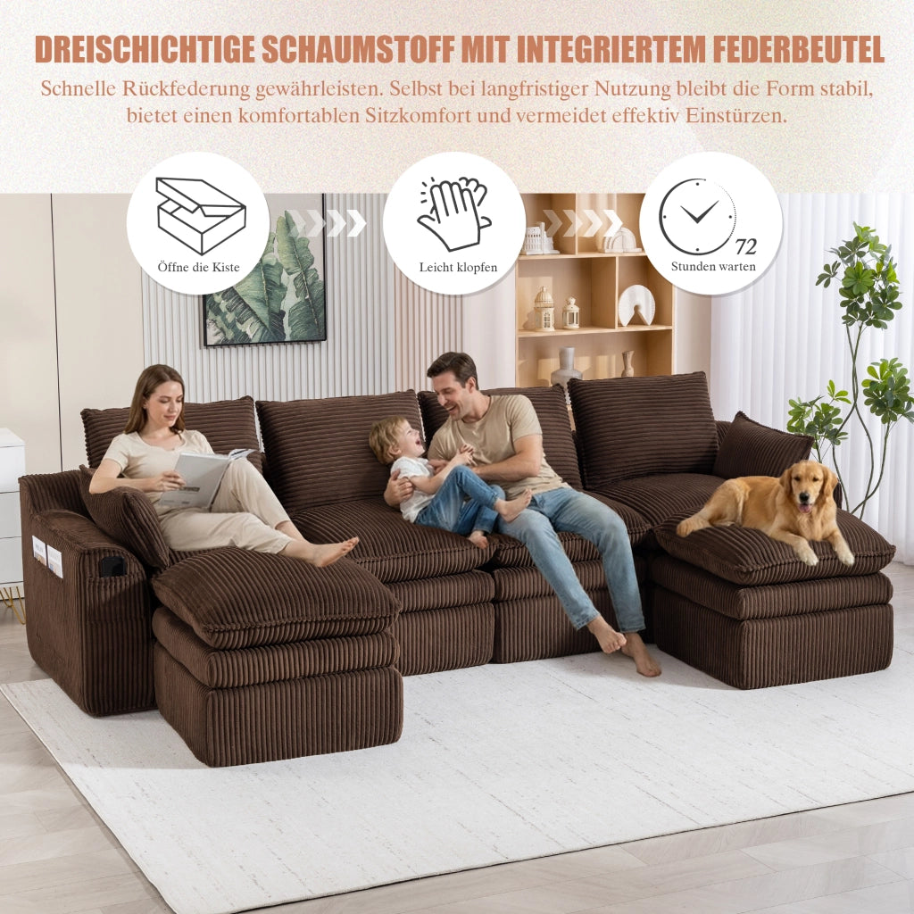 Divano modulare 4 posti in tessuto a coste con cuscini e tasche laterali e comfort a molle marrone 335 × 167 × 85 cm