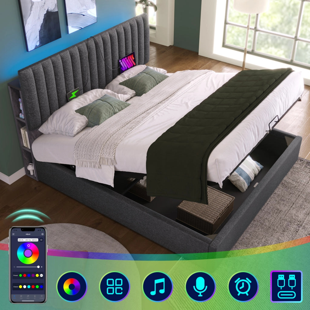 OKWISH Letto contenitore 160×200 cm, Letto Matrimoniale con LED controllabile tramite app, USB, Type C e Testiera Regolabile, con Materasso, Grigio