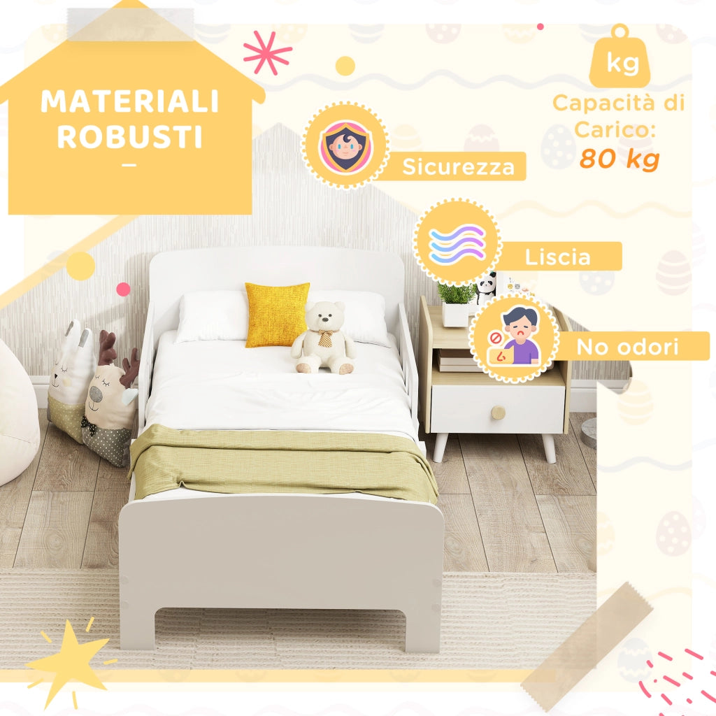 Letto per Bambini 3-8 Anni Basso con Sponde Laterali e Bordi Lisci ¨C Minimal ¨C Legno Bianco 143.5x74.2x54 cm