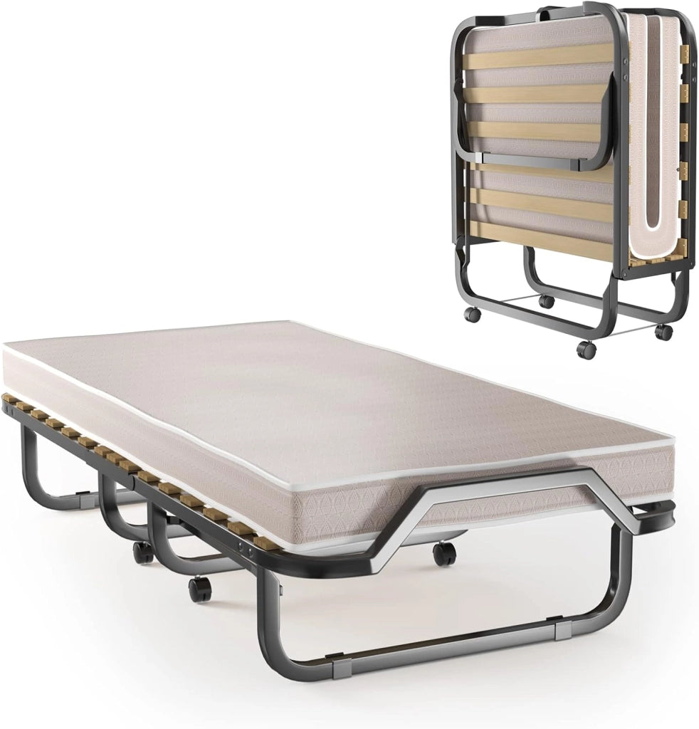 Letto Pieghevole 90 x 200 cm per Adulti e Ospiti, Con Materasso, 4 Ruote e Rete a Doghe - Singolo da Viaggio