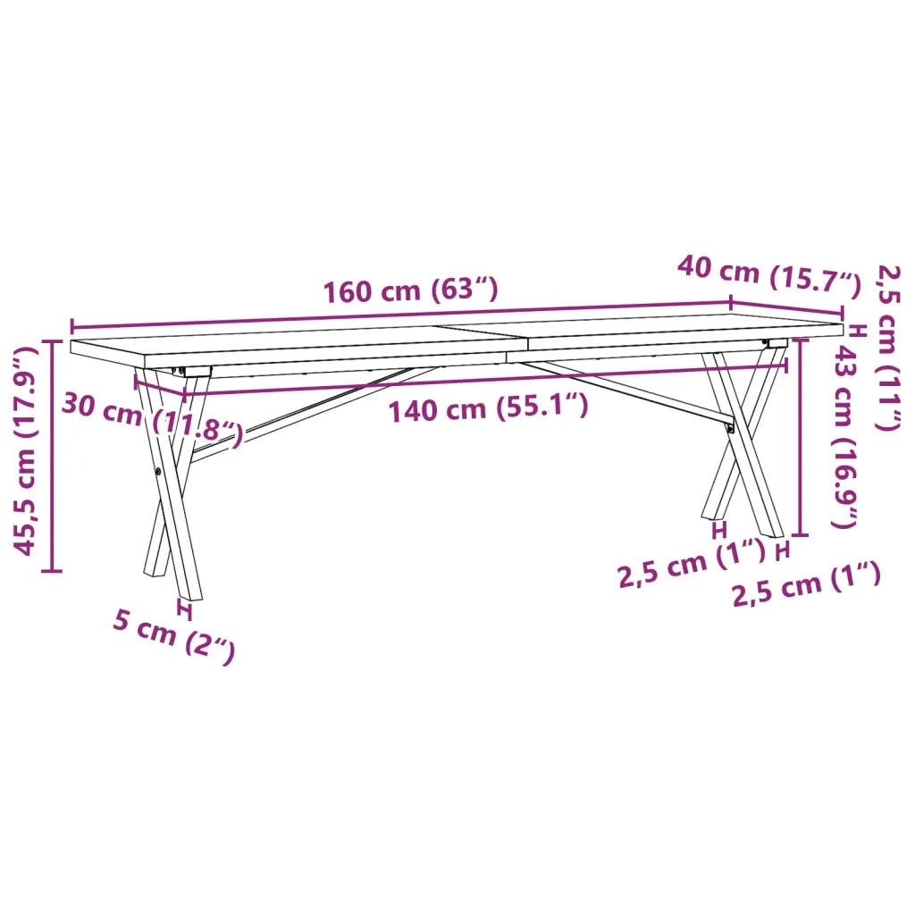 Tavolino Salotto Telaio a X 160x40x45,5 cm Legno Pino e Acciaio 3282756