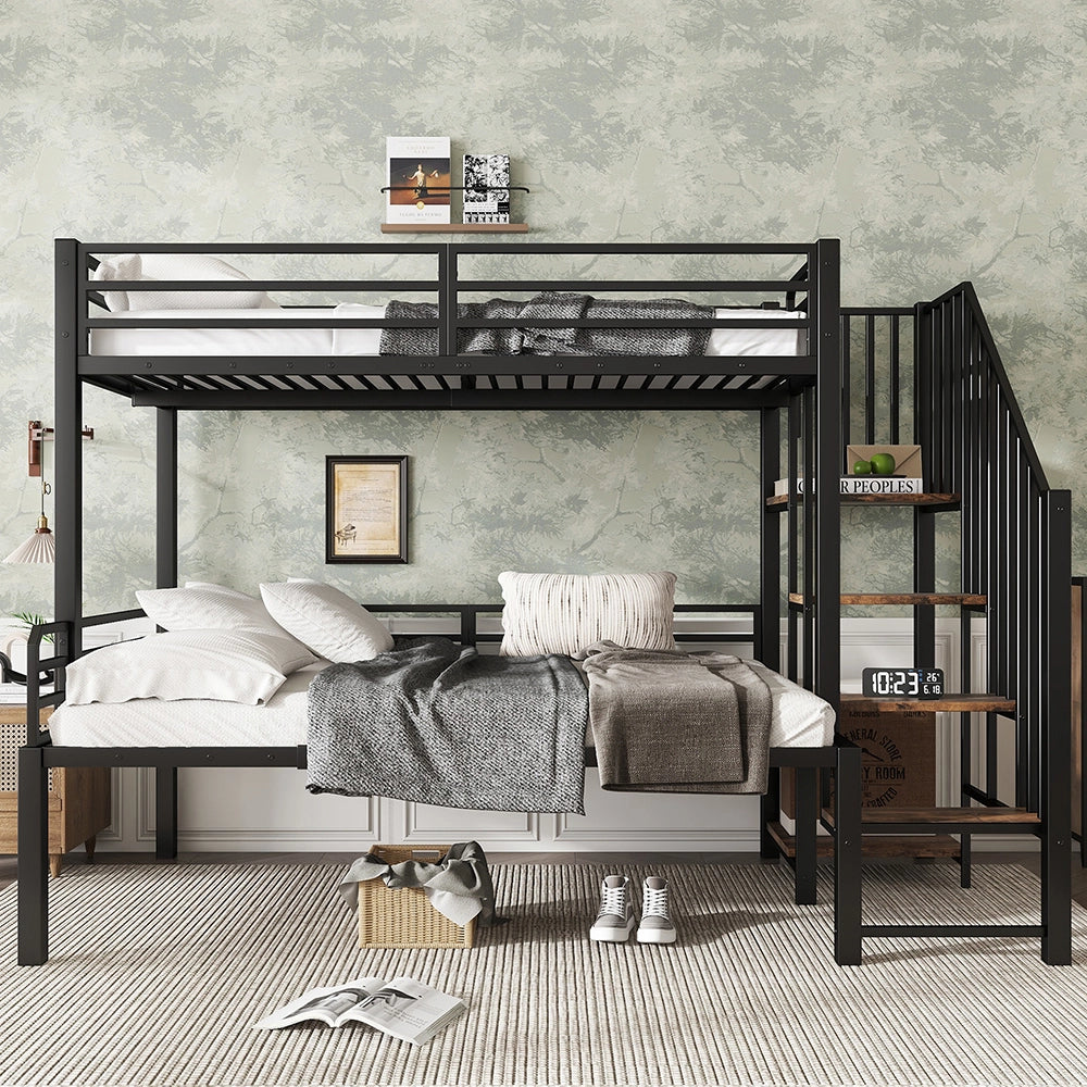 Letto a Castello Ferro – Xylo – 90x200 e 120x200cm, Scala Angolare con Ripostiglio, Nero/Legno Vintage