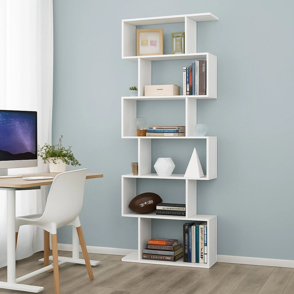 Libreria alta bifacciale a 6 Alowha, Made in Italy, Scaffale per libri e documenti, Libreria a zig zag da ufficio, cm 80x25h192, Bianco lucido