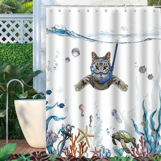Douchegordijn con Disegno di Gatto che Nuota, Impermeabile e Resistente alla Muffa, Tela di Poliestere Lavabile, 240 x 200 cm