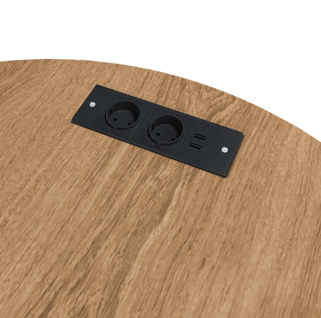 Comodino rotondo con ricarica USB e presa, anta scorrevole, effetto rovere HAVRYA