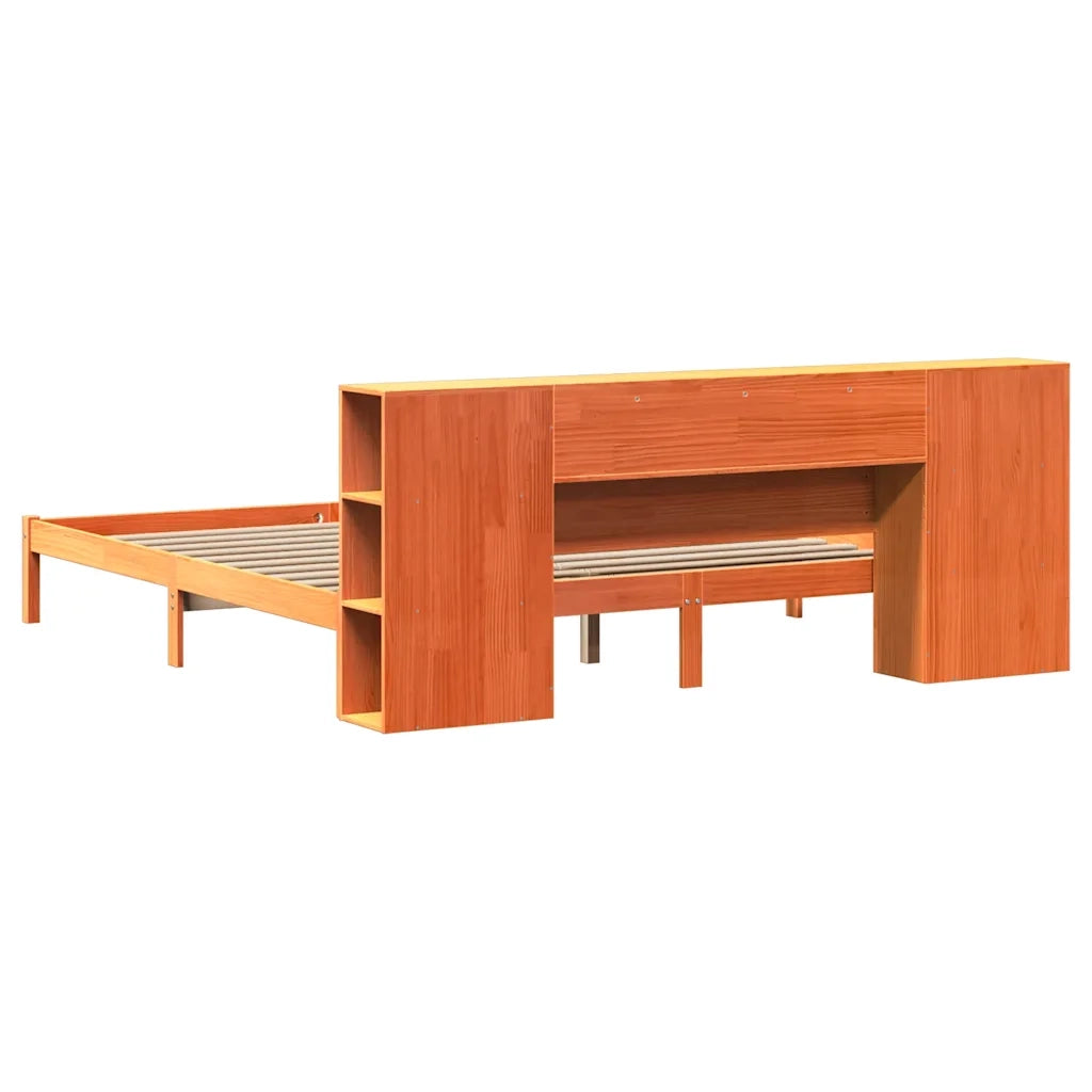 Letto Libreria senza Materasso-Struttura Letto con contenitore Marrone Cera 200x200 cm in Pino 909891