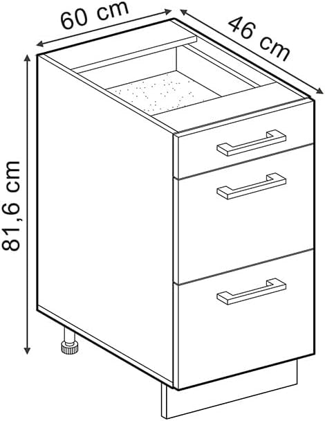 Mobiletto base per cucina R-Line, Rosso lucido, 60 cm con cassetti, senza piano di lavoro, per la libera combinazione all'interno di sistemi cucina modulari