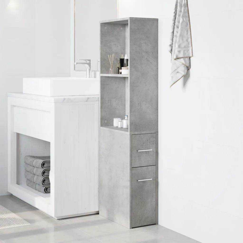Armadietto da Bagno Stretto con Ruote Grigio Cemento Truciolato