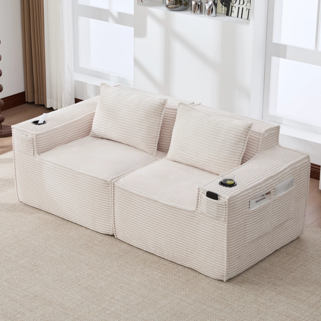 Divano modulare a 2 posti con porta bicchieri, tasche laterali e cuscini lombari in tessuto a coste beige 188 × 90 × 75 cm