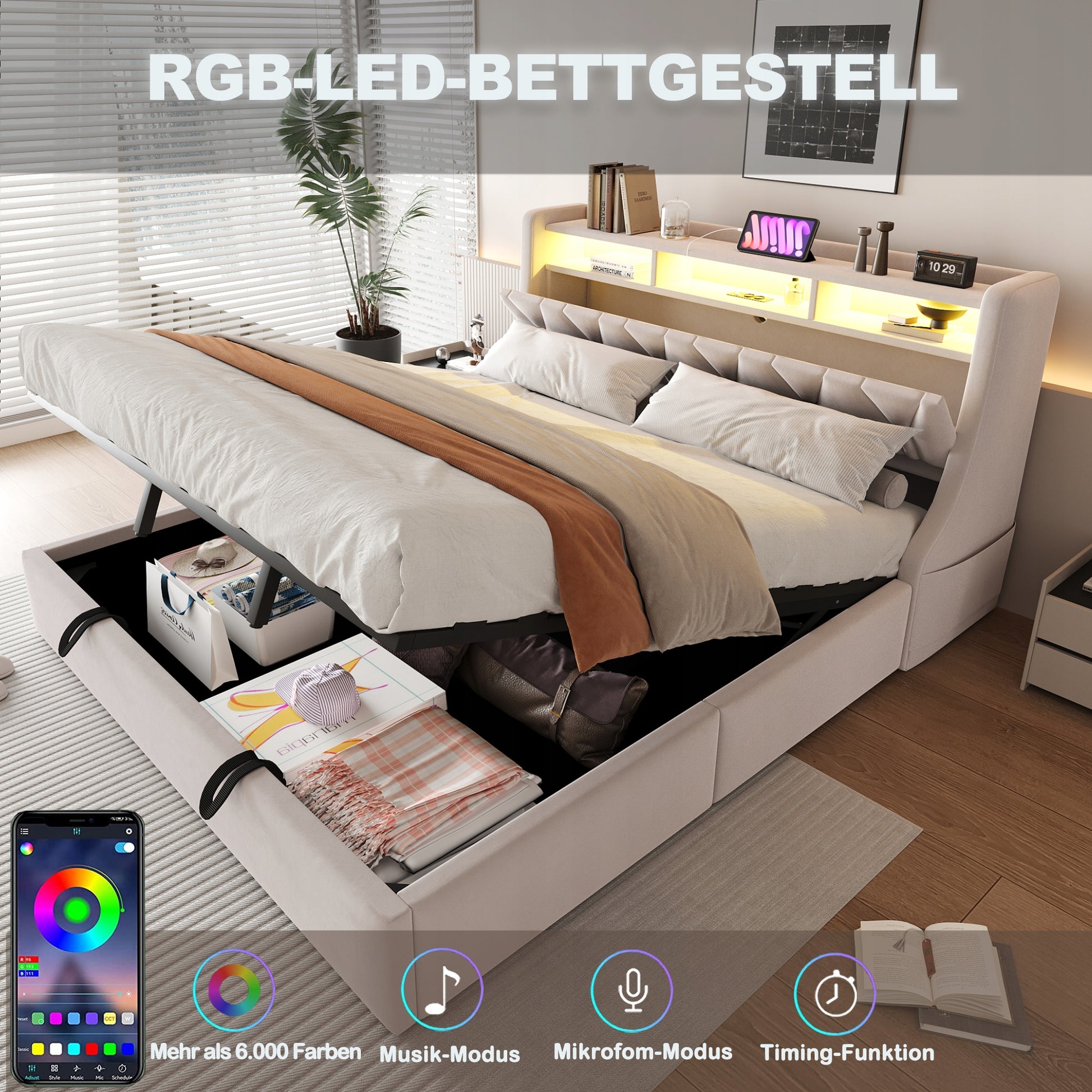 Letto imbottito matrimoniale - Xylo - 180x200 cm - Grigio - Base idraulica