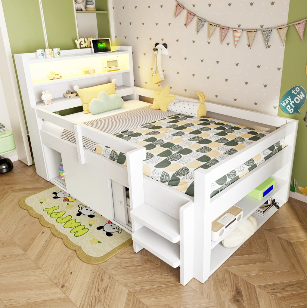 Letto a soppalco 90x200 cm con contenitore; LED e USB in legno bianco