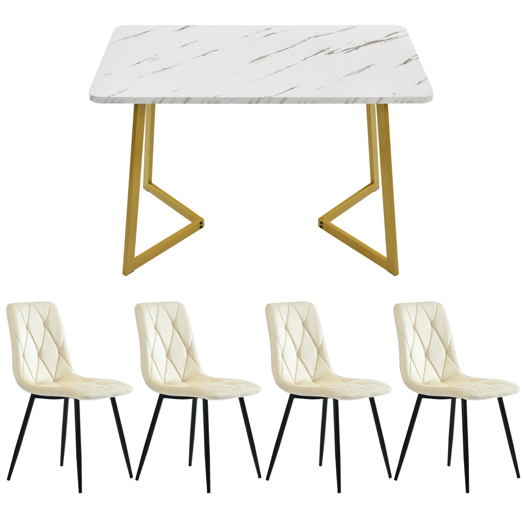 Set Tavolo da Pranzo con 4 Sedie Imbottite ¨C Xylo ¨C Velluto Beige, Gambe Dorate, 117x68 cm