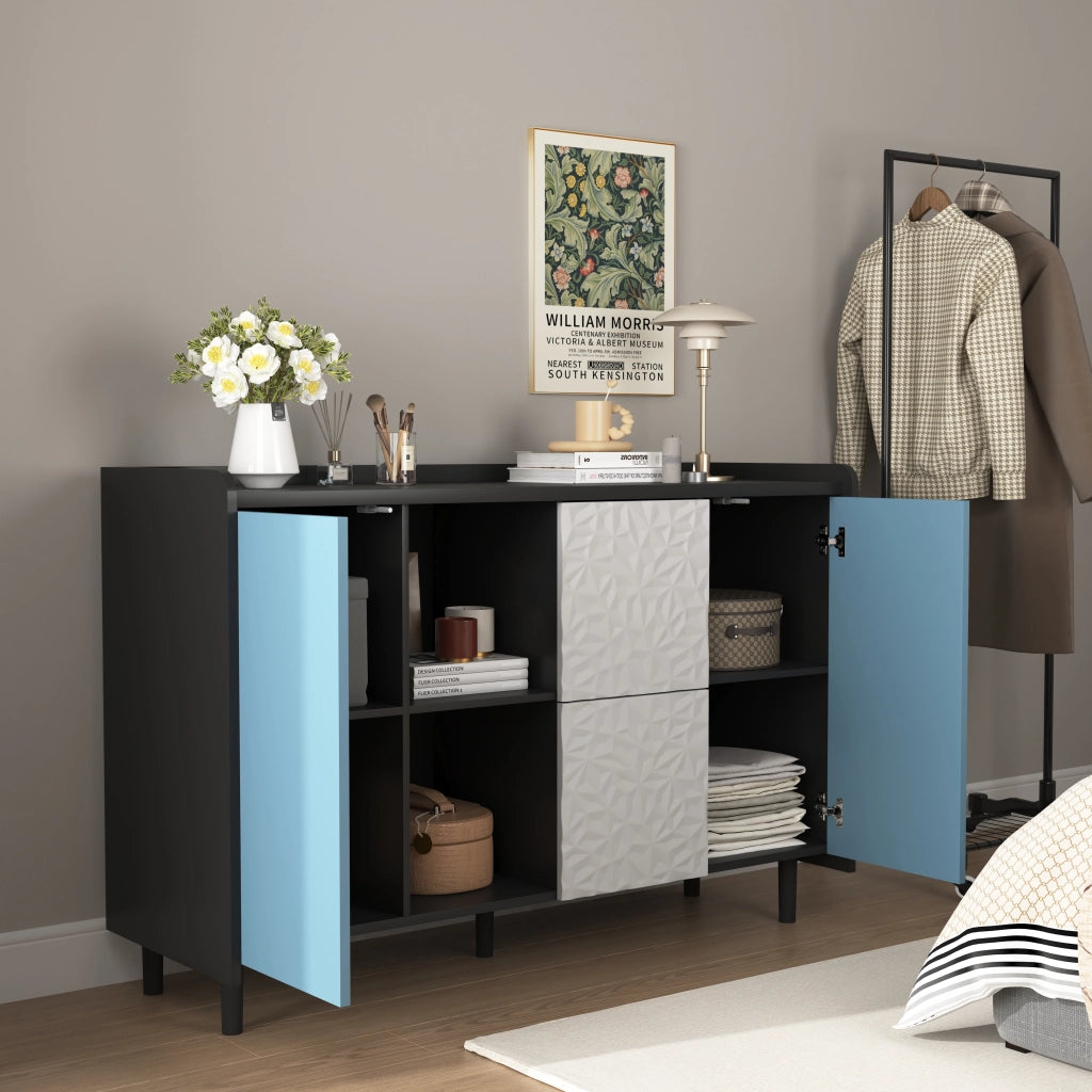 Credenza con 2 Cassetti; 2 Vani Aperti e 2 Ante; Stile Moderno; in MDF; Nero e Blu; 120??40??80 cm