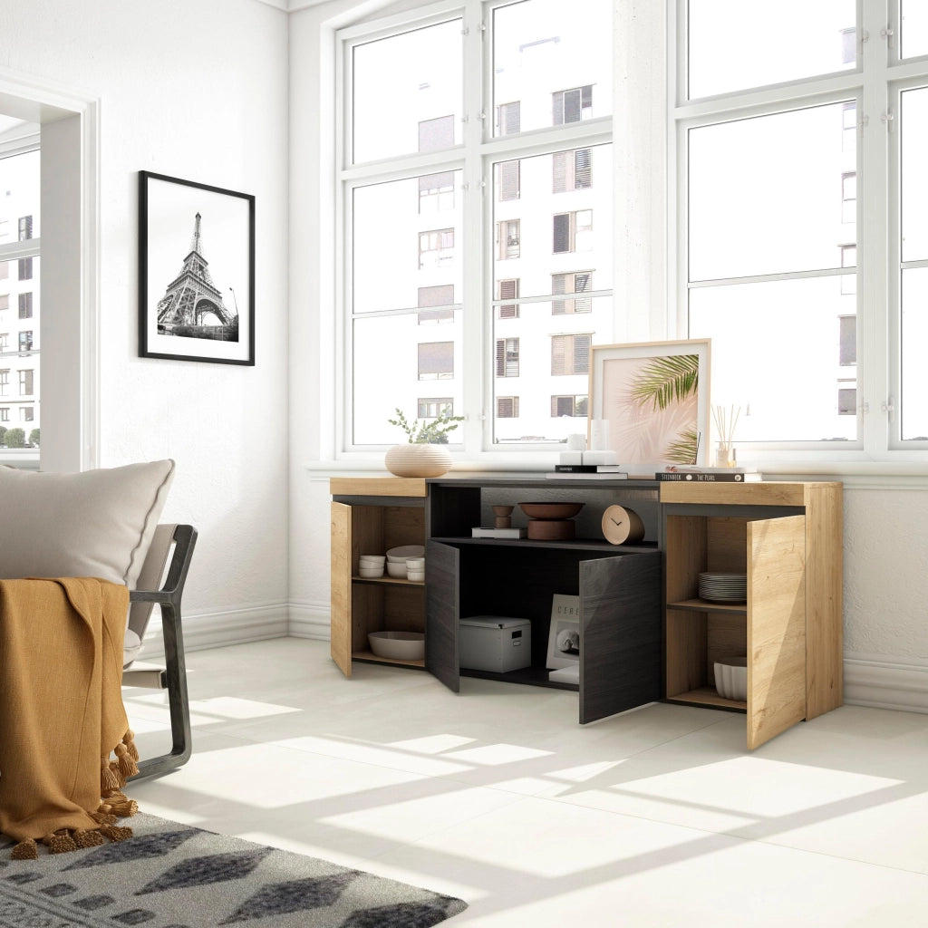 Credenza, Mobile, 200x35x75cm, 4 Porte, grande stoccaggio, colore Rovere e nero RF2288