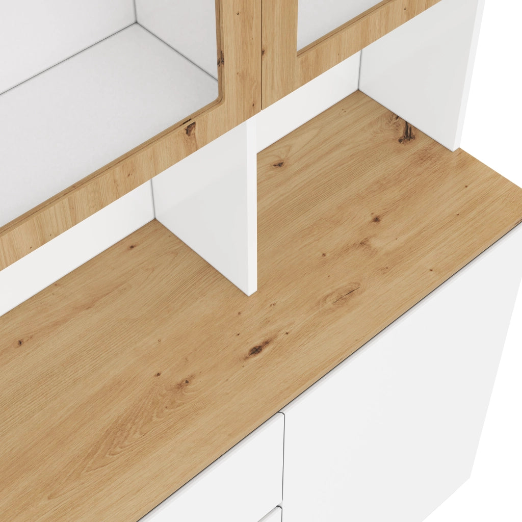 Vetrina alta con LED, 1 anta, 3 cassetti e vani aperti, per soggiorno e cucina, in MDF, bianco e rovere, 120 × 200 cm