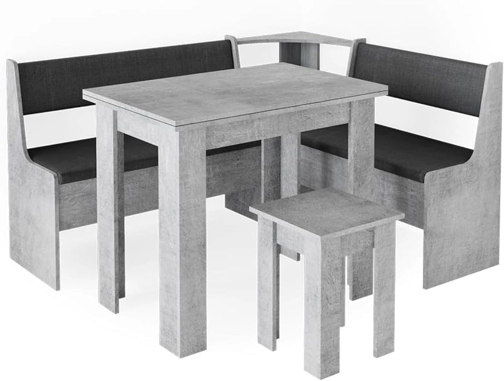 Gruppo panca ad angolo Roman, Calcestruzzo, 150 x 120 cm con tavolo, adatto per il posizionamento ad angolo in cucine e sale da pranzo