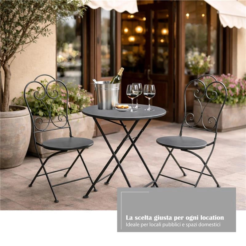 SET TAVOLO + 2 SEDIE IN METALLO GRIGIO SCURO PIEGHEVOLE PER GIARDINO