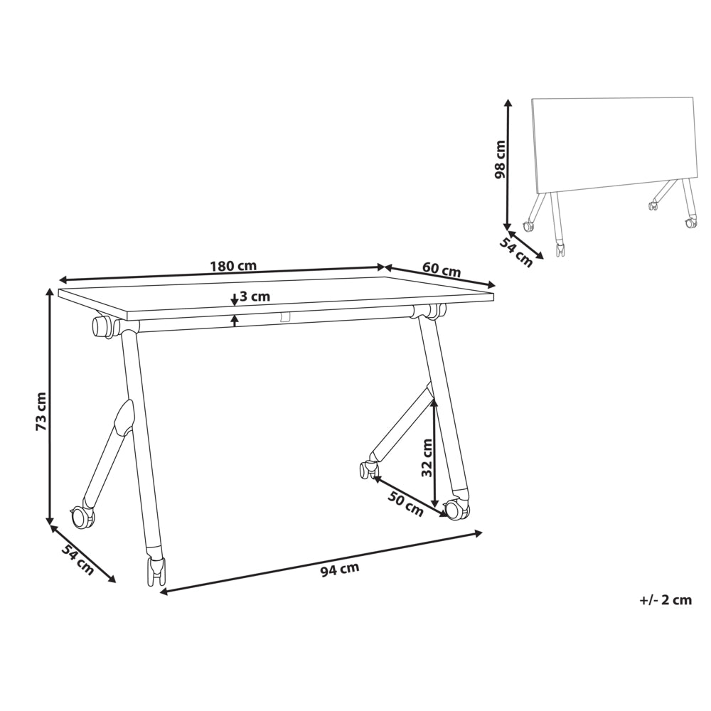 Scrivania rettangolare pieghevole con rotelle portatile con struttura in metallo marrone chiaro e bianco 180 x 60 stile moderno