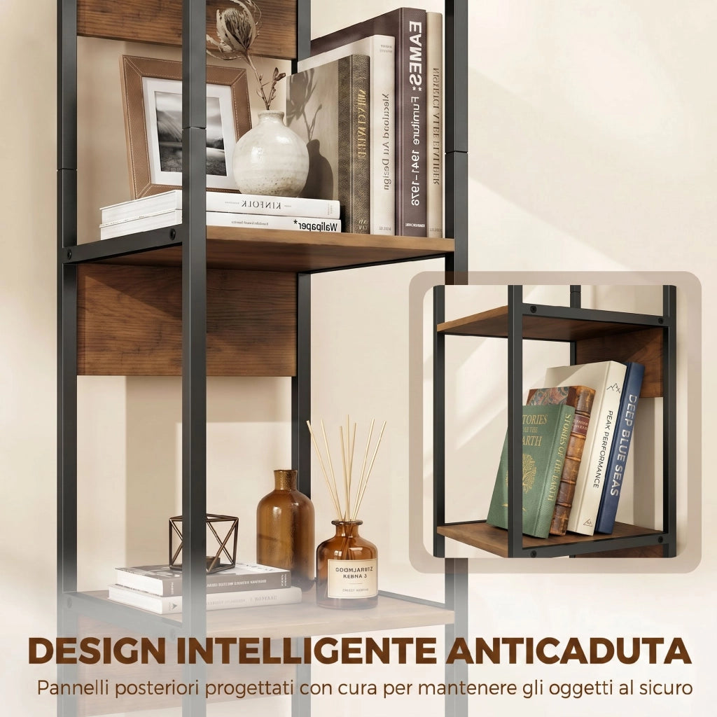 Libreria 29,5x30x185 cm Scaffale a 6 Ripiani Finitura in Legno e Acciaio Marrone