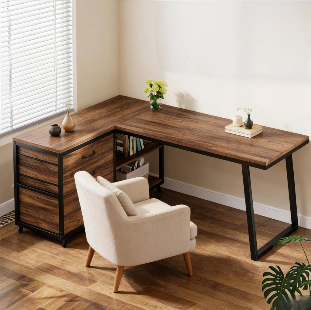 Scrivania angolare ULEVR reversibile 134x50 cm con 3 cassetti e 2 ripiani, marrone rustico e nero