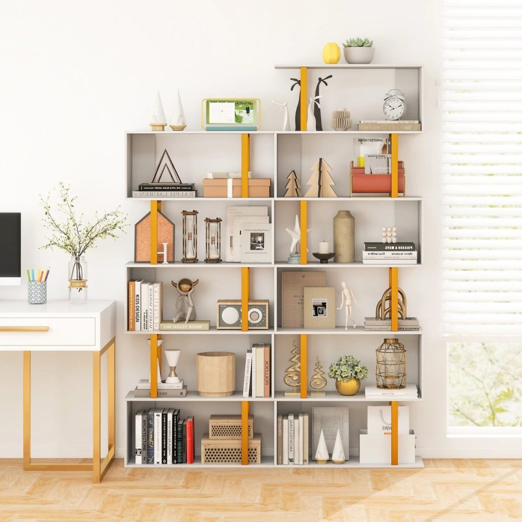 Libreria geometrica autoportante a 5 ripiani con kit anti-ribaltamento-Mensola a forma di S per esposizione
