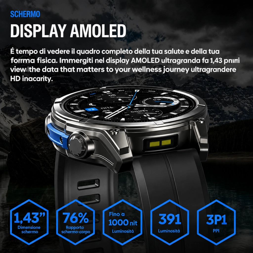 Smartwatch Orologio Intelligente con schermo AMOLED da 1;43 pollici; impermeabile 5ATM IP69K; monitoraggio della frequenza cardiaca; SpO2; sonno e attività sportiva