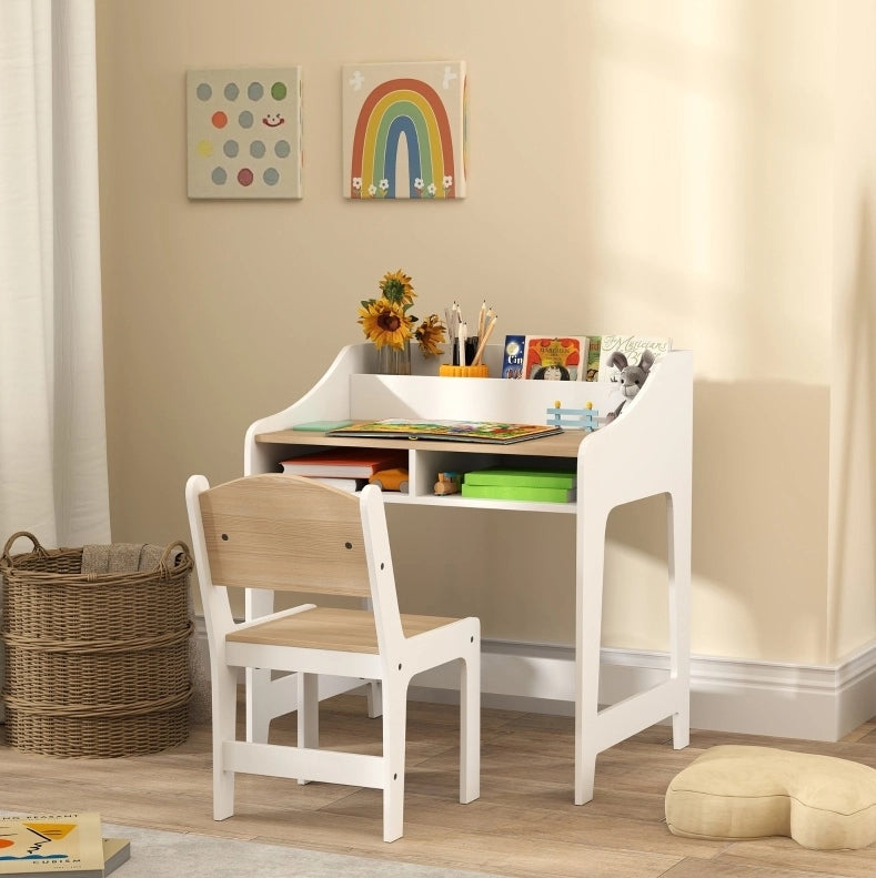 Set scrivania e sedia per bambini in legno con vani