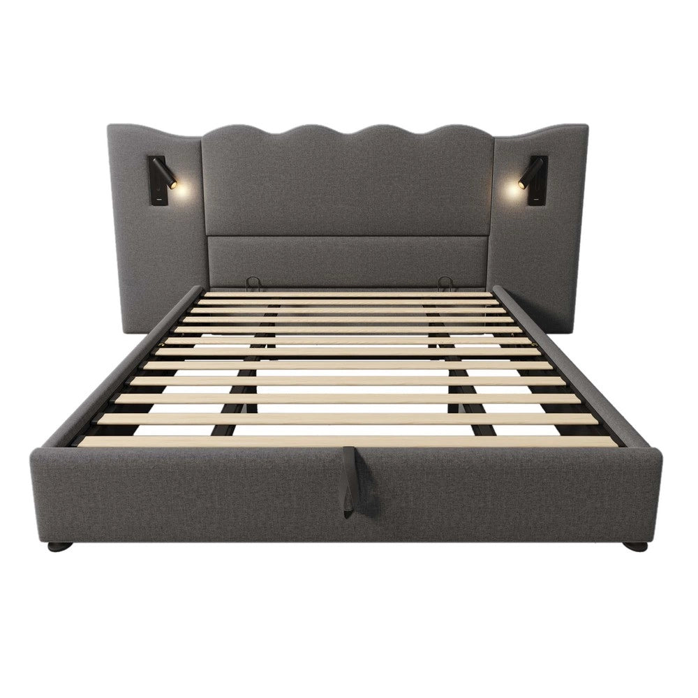 Letto Contenitore Matrimoniale Imbottito con Luce LED e USB ¨C MINIMAL ¨C Grigio, Tessuto, 180x200