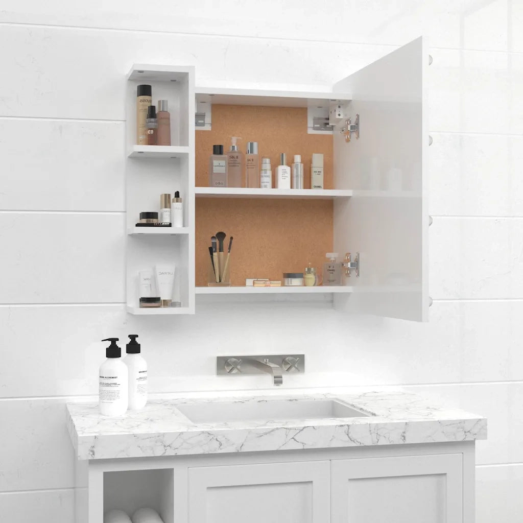 Mobile a Specchio con LED-Armadietto a Specchio Bianco Lucido 70x16,5x60 cm