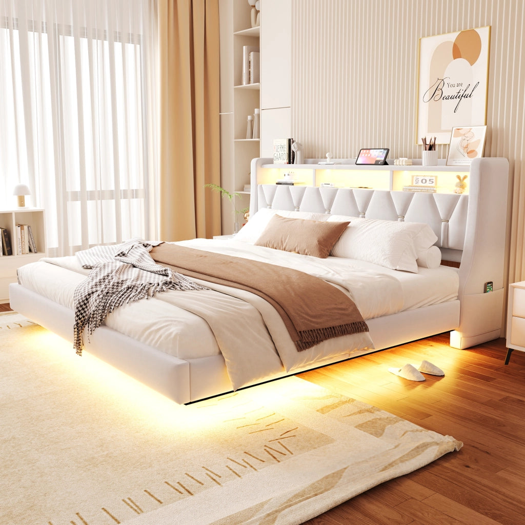 Letto matrimoniale 180×200 cm con testiera ripiegabile; USB; Type-C; LED e ripiani; senza materasso; velluto; beige