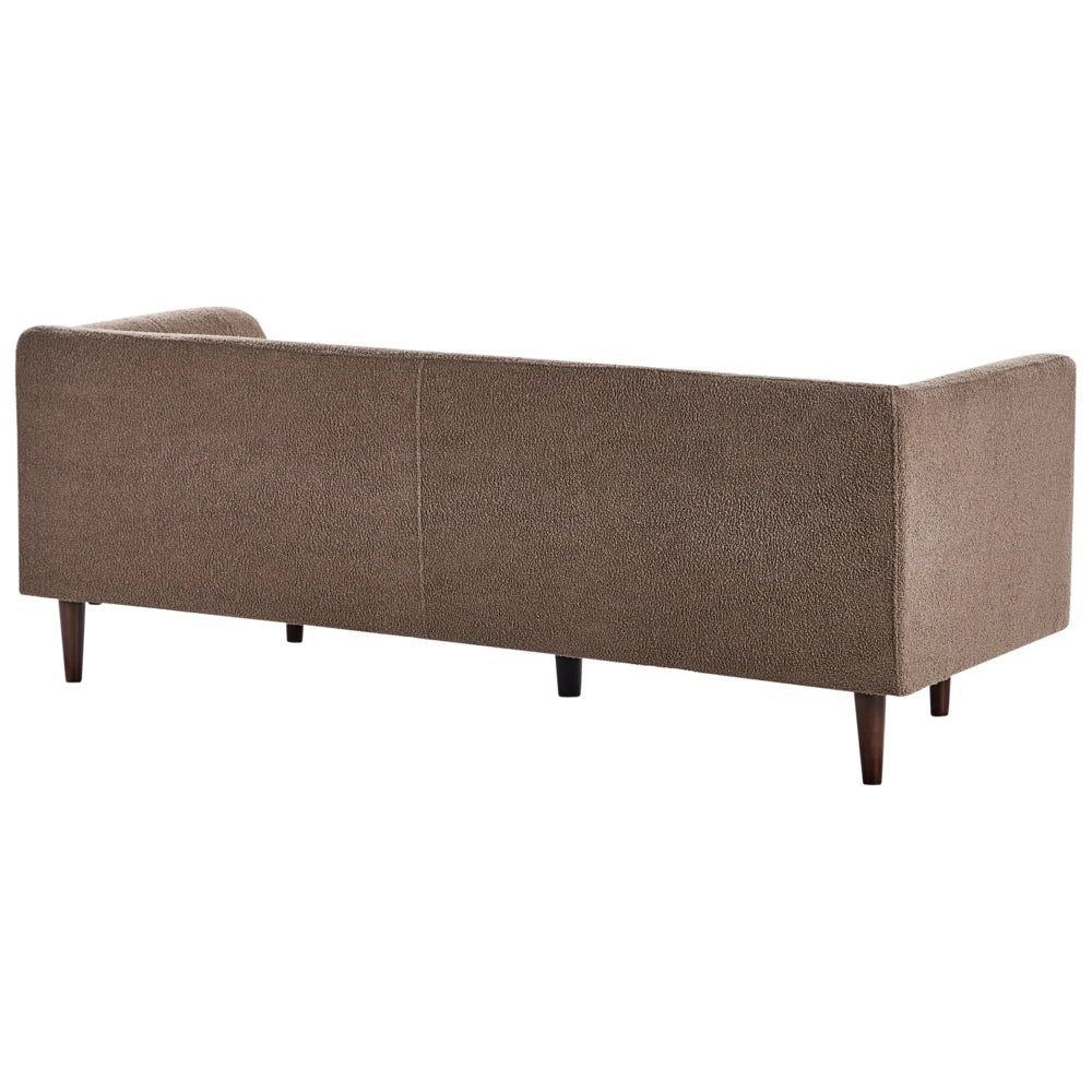 Divano Tessuto boucle marrone Rivestimento gambe in legno Divano a 3 posti con bottoni Rivestimento gambe in legno di gomma