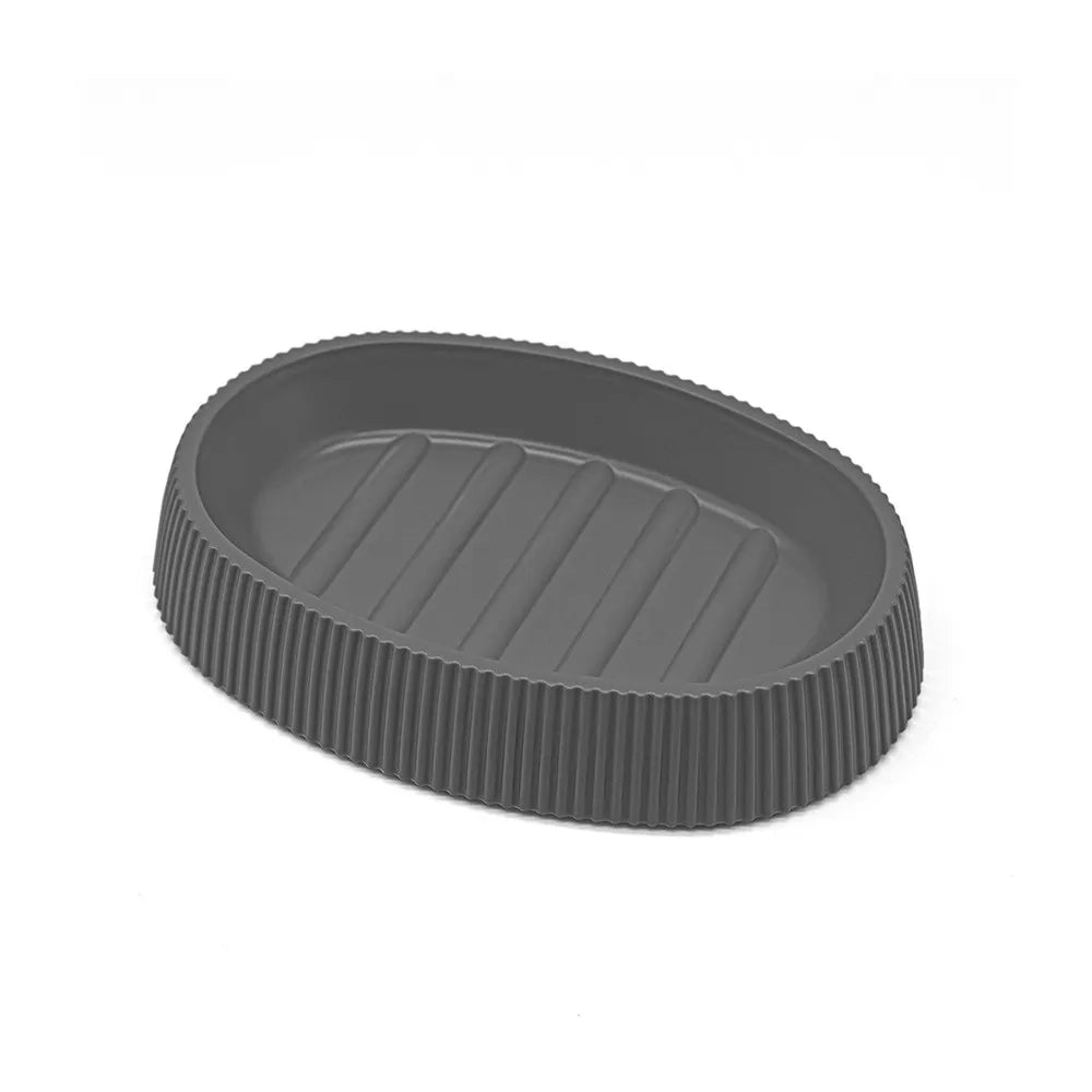 Set bagno da appoggio Blob in plastica liscia grigia con dettagli effetto legno