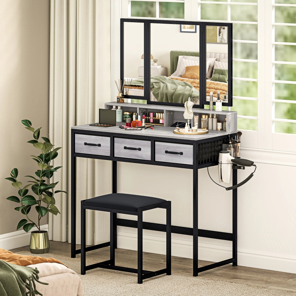 Cassettiera da trucco con specchio trittico e sgabello ¨C zephmum ¨C grigio tessuto 3 cassetti