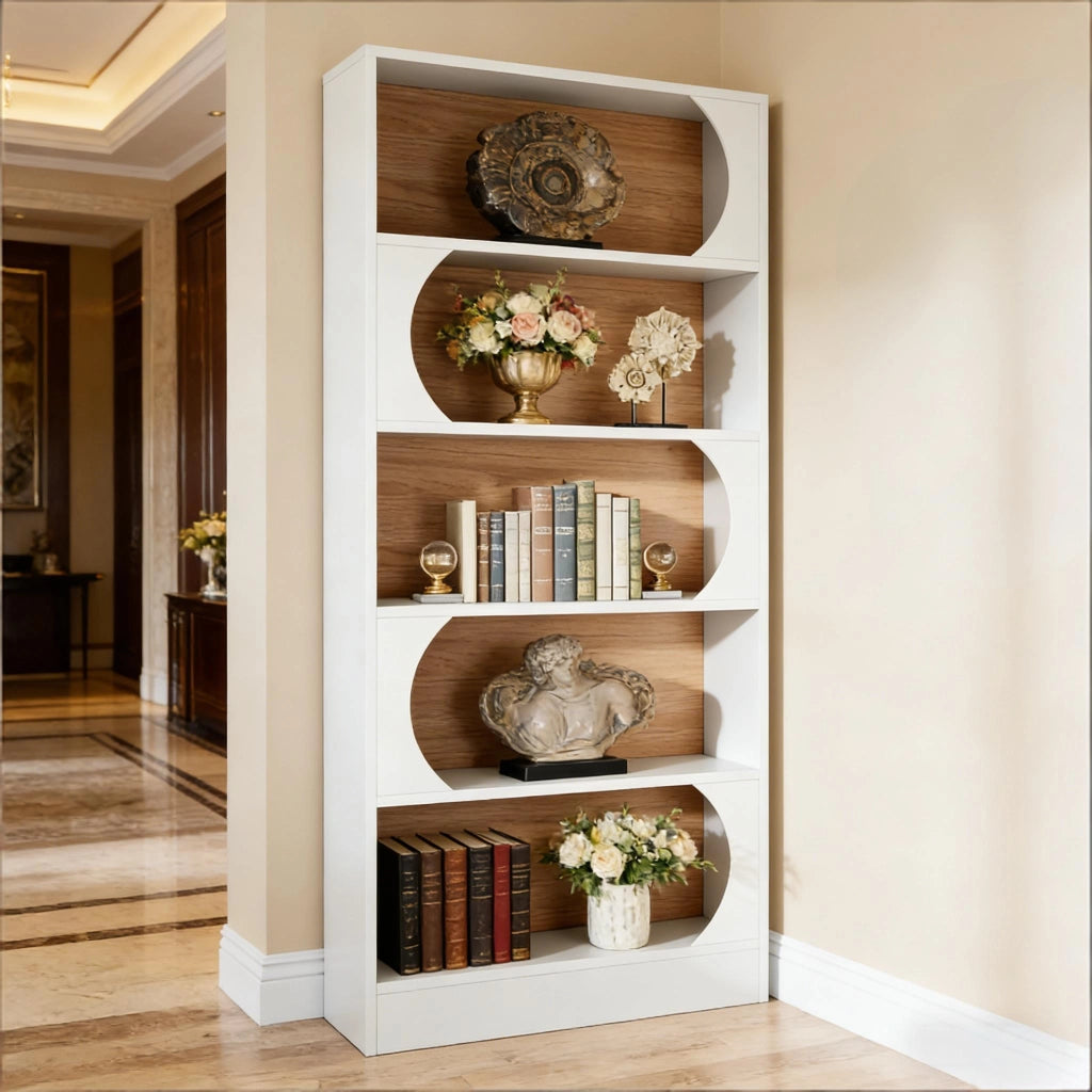 Libreria a 5 ripiani con protezione antiribaltamento in MDF bianco
